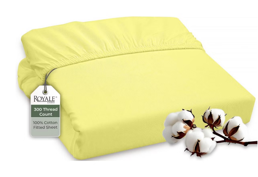 ROYALE LINENS 300 Thread Count 100% Cotton Fitted Sheet Twin - Bottom Sheet - Fitted Sheets - Elastic Sheets (Twin, Yellow)