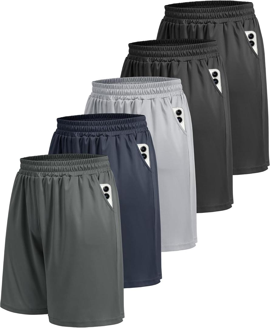 BOOJO 5 Pack Athletic Gym Mens Shorts - Workout Black Quick Dry Basketball Shorts with Pockets for Running Casual Activewear, Large