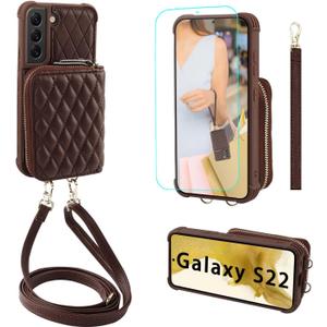 MONASAY Zipper Wallet Case Fit for Galaxy S22 5G 6.1in, [Screen Protector ][RFID Blocking] Flip Leather Handbag Phone Cover with Card Holder Crossbody Shoulder Lanyard Strap, Brown
