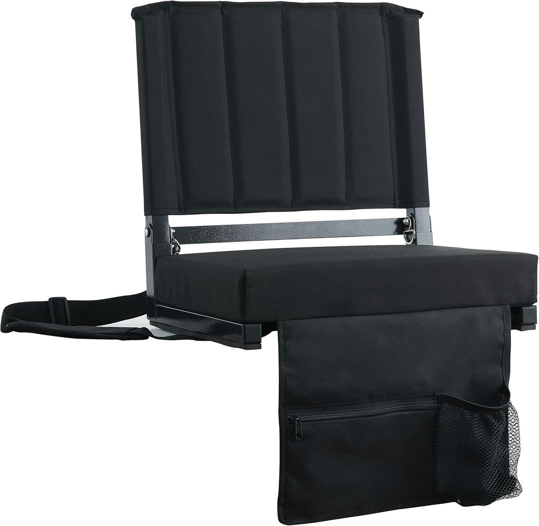 SPORT BEATS Stadium Seats with Back Support Bleacher Chairs with Back and Cushion Thick Padded Bleacher Seats Includes Shoulder Strap (Black)