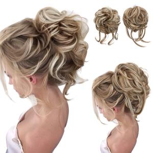 SARLA 2PCS Messy Bun Hair Pieces for Women Wavy Curly Synthetic Hairpieces for Updos with Tendrils Fake Scrunchies Ponytail Extension Beige Multi