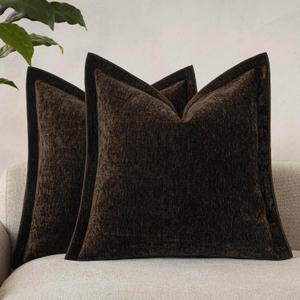 Decorative Chenille Luxury Throw Pillow Covers with Wide Edge, Textured Solid Pillowcases, Soft Velvet Cushion Cover Home Dcor for Couch Sofa Living Room,20x20 Inch, Set of 2, Dark Brown