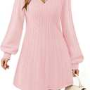 Womens V Neck Long Sleeve Cable Knit Fall Dresses Elegant Babydoll Sweater Dress (Large, Pink)