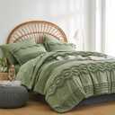 Sage Green Tufted Comforter Set Queen Size 7 Piece Bed in a Bag, Shabby Chic Boho Comforter and Sheet Set, Pom Pom Textured Bed Set, All Season Soft Microfiber Complete Bedding Set(Green, Queen)