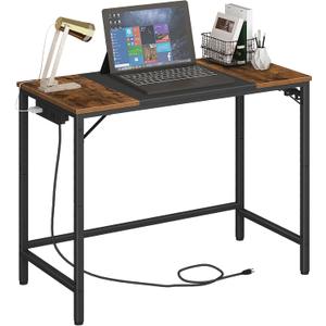 HOOBRO Computer Desk, Home Office Desk with Power Outlet, Modern Study Writing Desk with 3 Hooks for Study Room, Home Office, Sturdy and Stable, Easy to Assemble, Rustic Brown and Black BF40UDN01
