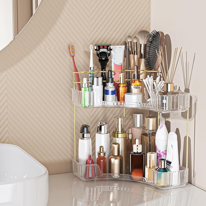 Webetop Corner Makeup Organizer for Vanity, 2 Tier Bathroom Cosmetics Organizer Countertop with Make up Brush Holder Corner Counter Storage Skincare Organizer for Bathroom Dresser Toiletry(Clear)