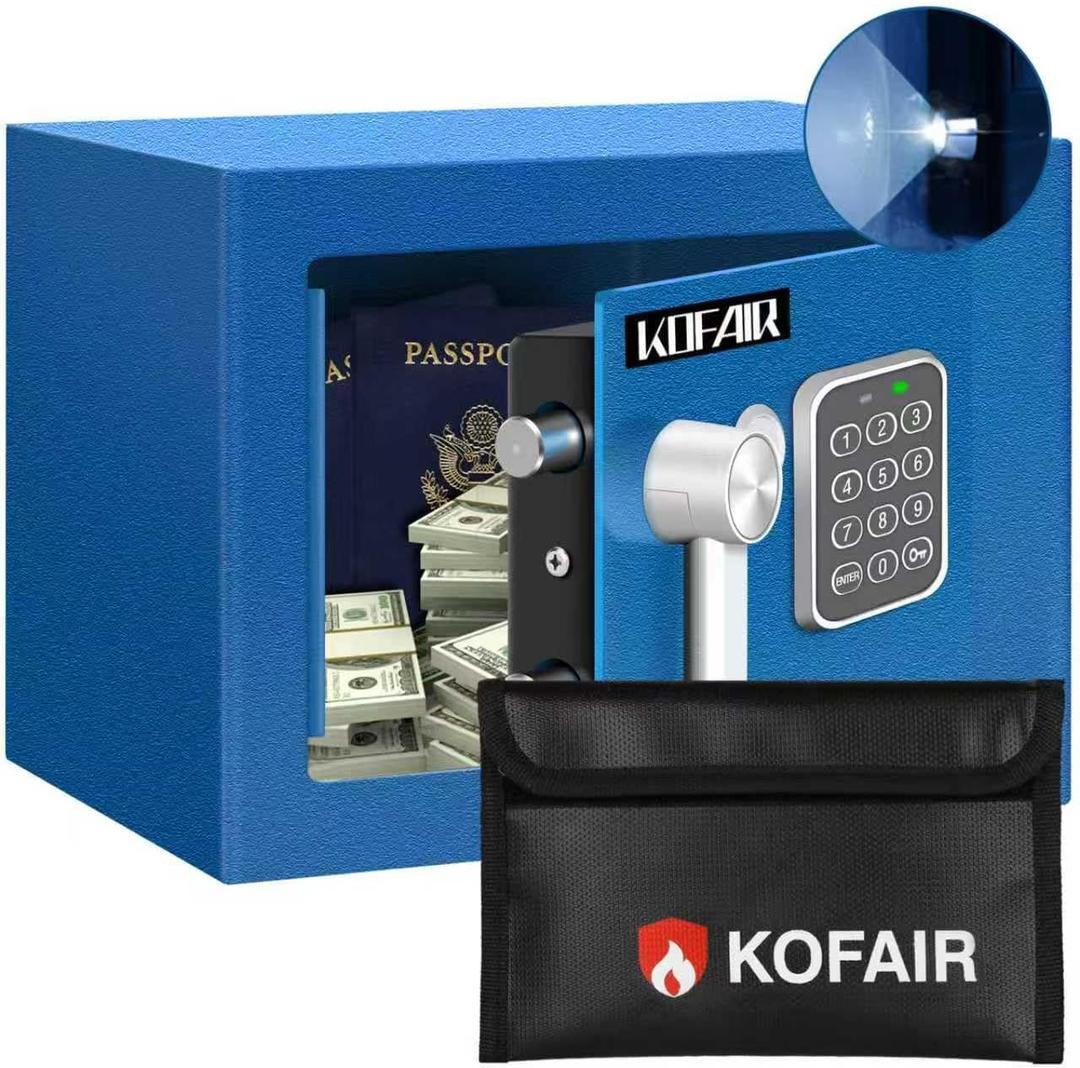 Safe Box for Home Safe (0.23 Cubic Feet) with Fireproof Bag, Personal Money Safe for Cash Saving, Mini Safey with Key, Digital Safety Box with Light, Money Lock Safey (Blue)