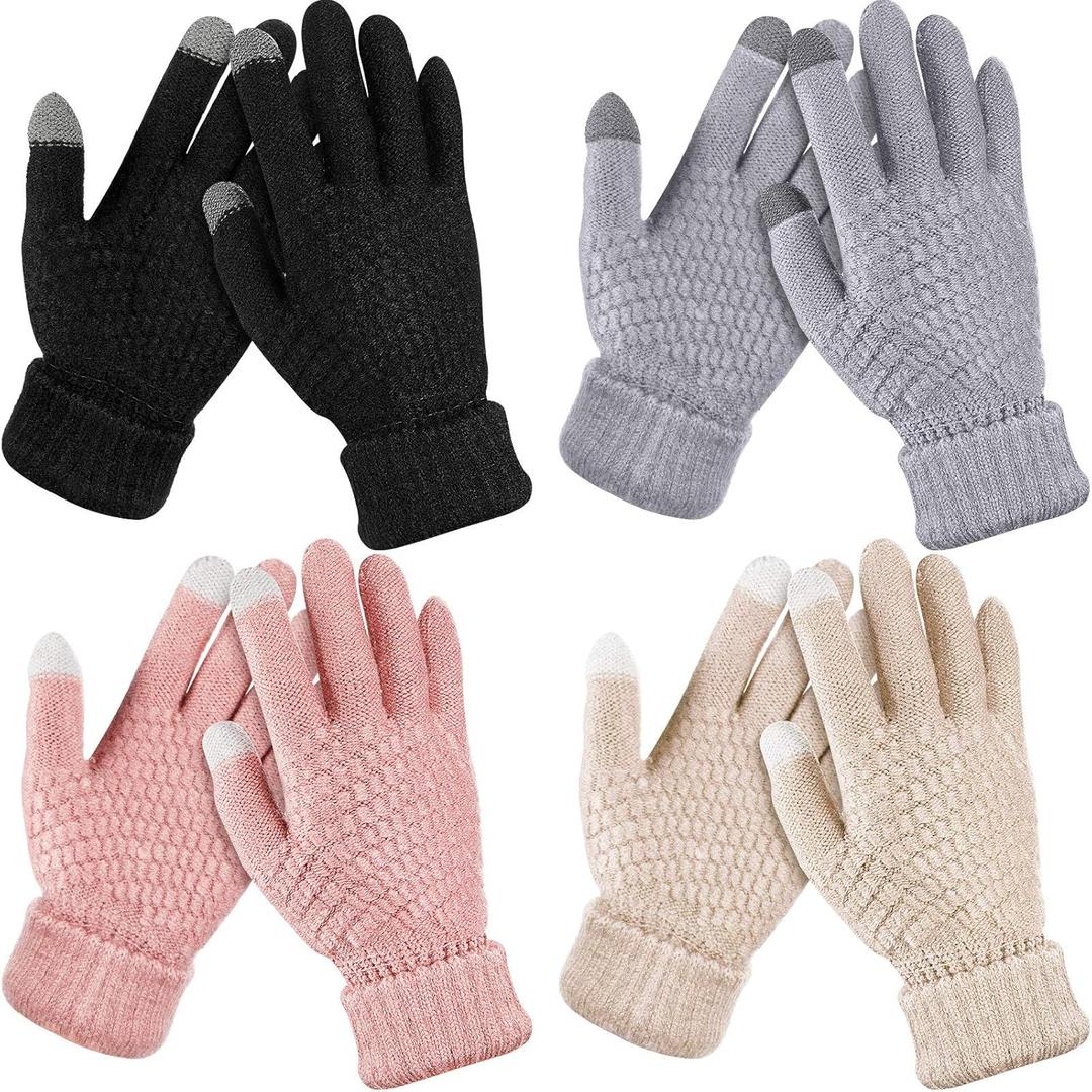 Geyoga 4 Pairs Women's Winter Touch Screen Gloves Soft Warm Fleece Lined Knit Elastic Cuff Texting Gloves (Black, Gray, Pink, Beige)