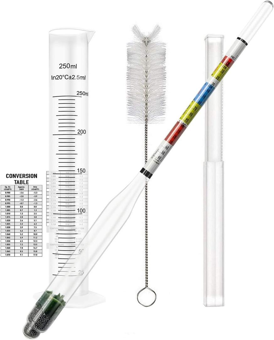 Hydrometer and Test Jar for Wine, Beer and Kombucha - Including 250ml Plastic Cylinder, Cleaning Brush and ABV Storage Bag