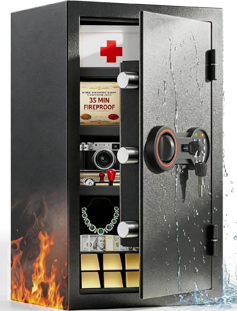 2026 35-Min 1700F Fire Proof Safe for Home Documents, 23.7" Tall 43Lbs Fireproof Safe Box, Alarm System, LED Light, Wall Mount Fire Safe for Closet Bedroom, Safes for Home Use Fire Waterproof