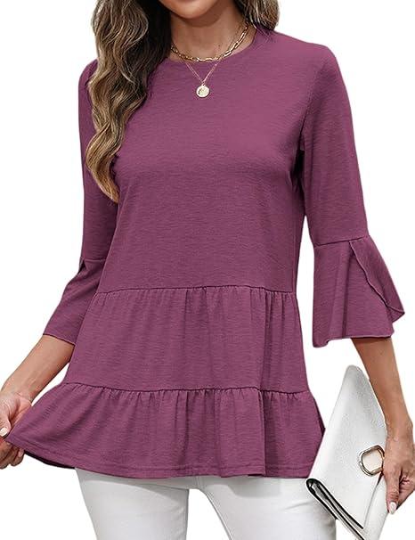 CiCiBird Women's 3/4 Ruffle Sleeve Babydoll Top Loose Peplum Crewneck Tunic 2025 Fashion Casual Shirt, Size S