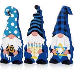 Remerry 3 Pieces Hanukkah Gnomes Wood Blocks, Hanukkah Table Decorations Chanukah Table Centerpieces Wooden Gnomes Signs for Desk Shelf Display Holiday Party Home Supplies Decorations