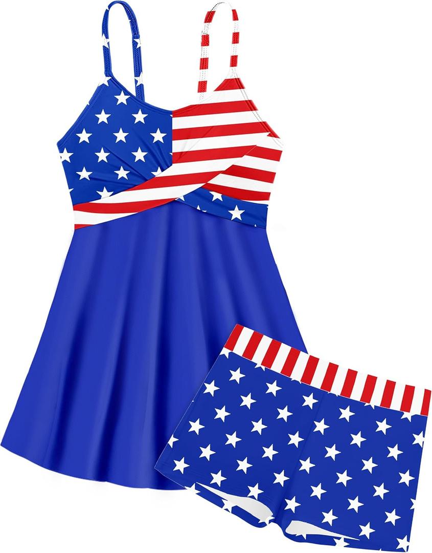 Girls Swimsuits Criss Cross Tropical Print Mesh Dress Bathing Suits with Shorts 2 Piece Tankini for Teens (11-12 Years, Usa Flag)