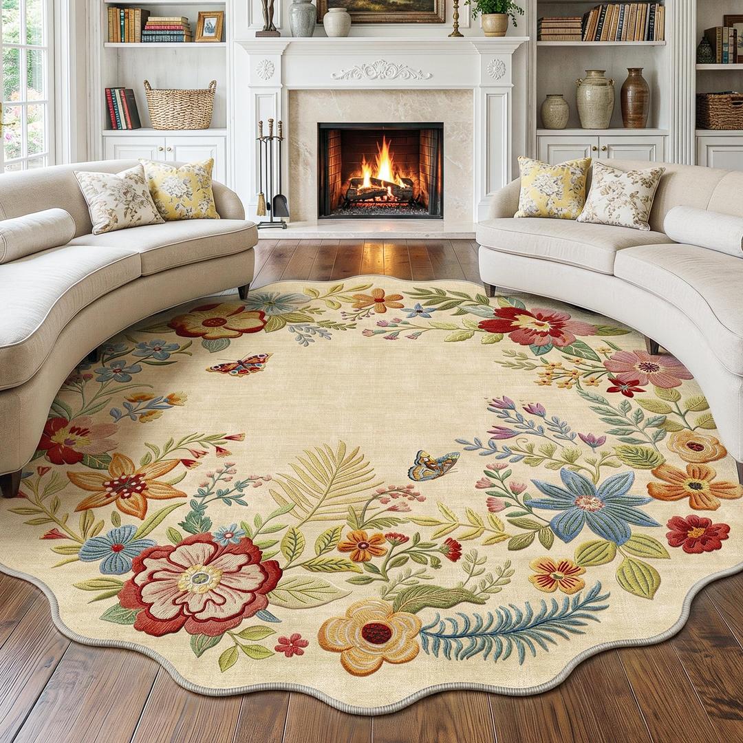 FMFUNCTEX 8ft Round Washable Beige Boho Scalloped Area Rug for Living Room