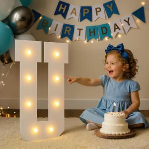 2FT Light Up Letters with Battery Operated Warm White Lights, 5-Min Setup Pre-Cut Foam Board for Birthday Wedding Proposal Graduation Party Decor, Marquee Letter U