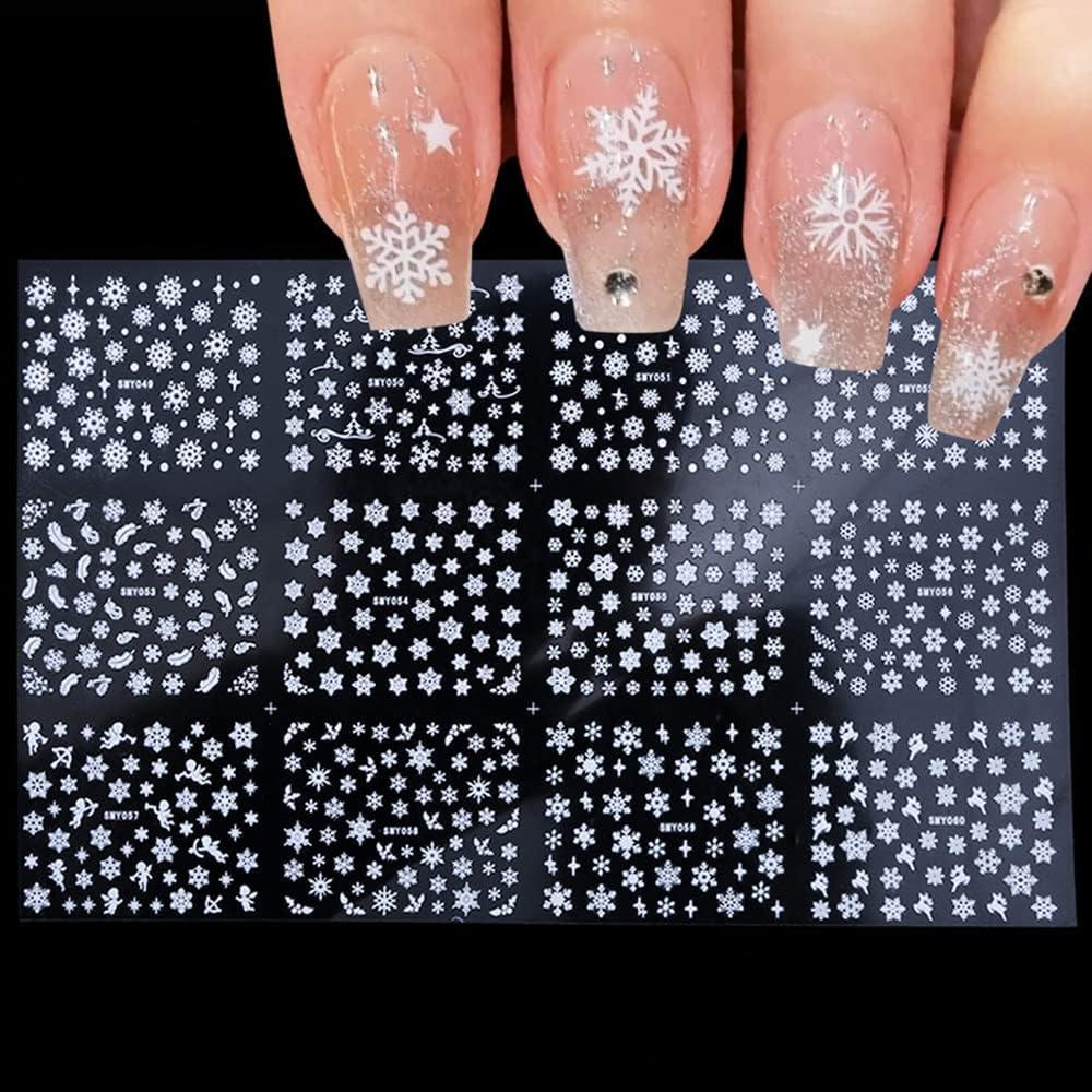 White Snowflake Nail Art Stickers Decal Snowflake Nail Supplies 12 Sheets Nail Sticker Decoration Snowflake Fake Nail Design Acrylic Women Girls 3D Self-Adhesive Christmas DIY Nail Tips Wraps Acrylic