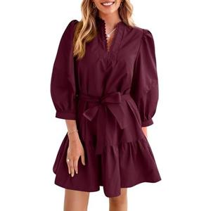 Cicy Bell Womens Puff 3/4 Sleeve Mini Dresses Bow Tie Waist V Neck Casual Trendy Ruffle Tiered Short Dress  X-Large