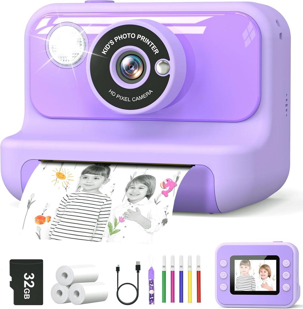 Kids Camera Instant Print, Christmas Birthday Gifts for Girls and Boys, 1080P HD Video Digital Kids Camera with 32G Card, Toddler Camera for 3-12 Years Old, Purple