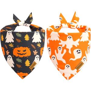 Halloween Dog Bandanas - 2 Pack Fall Dog Bibs | Reversible Pumpkin and Ghost Pet Scarf for Boys and Girls | Premium Durable Fabric | Orange Dog Bandana for Medium and Large Dogs (Large)