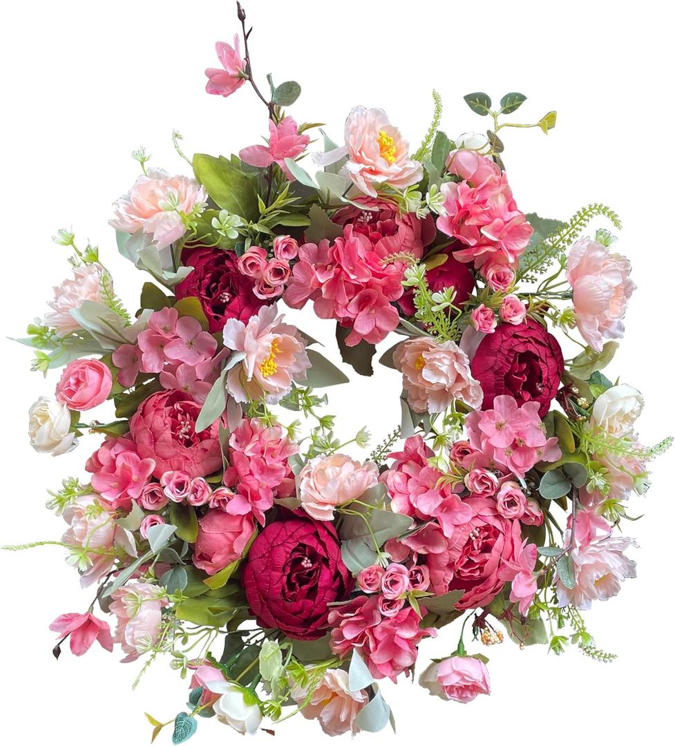 18 Inch Spring Wreaths for Front Door, Artificial Peony & Hydrangea Floral Front Door Wreath Outside Pink Floral Door Wreaths for Front Door Outside with Grapevine, Decorative Handmade (Pink)