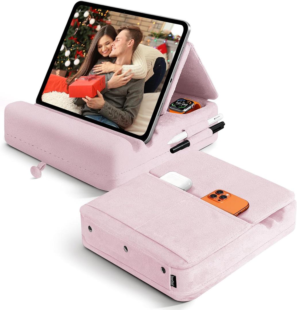 Tablet Pillow Stand with Storage, Foldable iPad Holder for Lep, Bed, Sofa, and Desk - Soft Pad Dock with Pocket and Stylus Mount Compatible with 4-13" iPad Pro/Air/Mini, Galaxy Tab, Kindle (Purple)