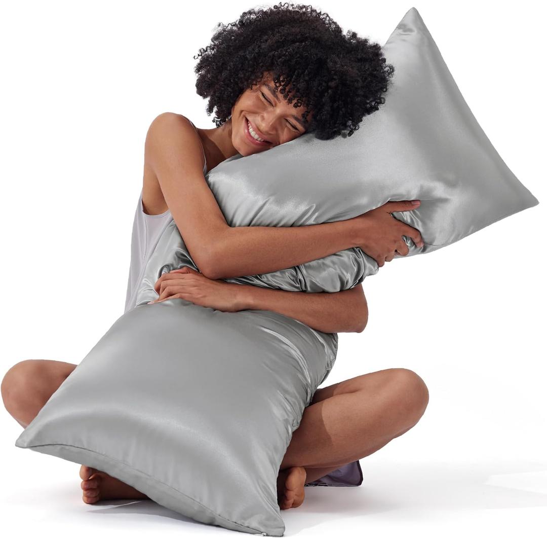 Bedsure Satin Body Pillow Cover with Zipper, Similar to Silk Body Pillow Pillowcase, Soft & Breathable Long Pillow Case, Cooling & Silky Long Pillowcase for Hair and Skin, Gifts, Grey, 20x54 Inches