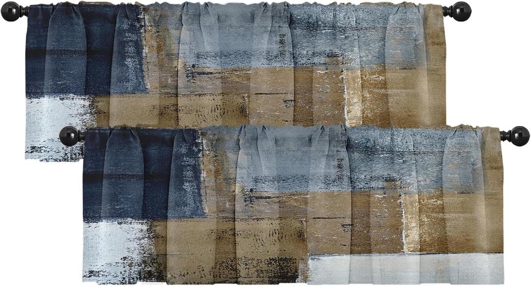 Emvency 2 Pack Valances Window Treatments, Grey and Brown Painting Art Modern Abstract Blackout Adjustable for Living Room Bathroom Bedroom Kitchen Over Sink, 18x52 Inch Rod Pocket Valances