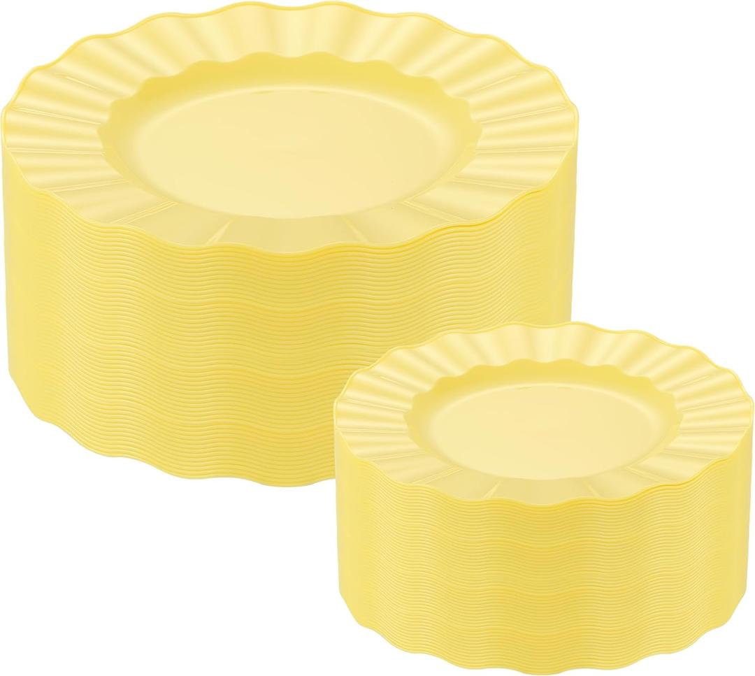 60Pcs Yellow Plates, Heavy Duty Ware Yellow Plastic Plates Disposable, Fancy 30 Dinner & 30 Dessert Plates for Spring Easter Party Wedding(30Guests)