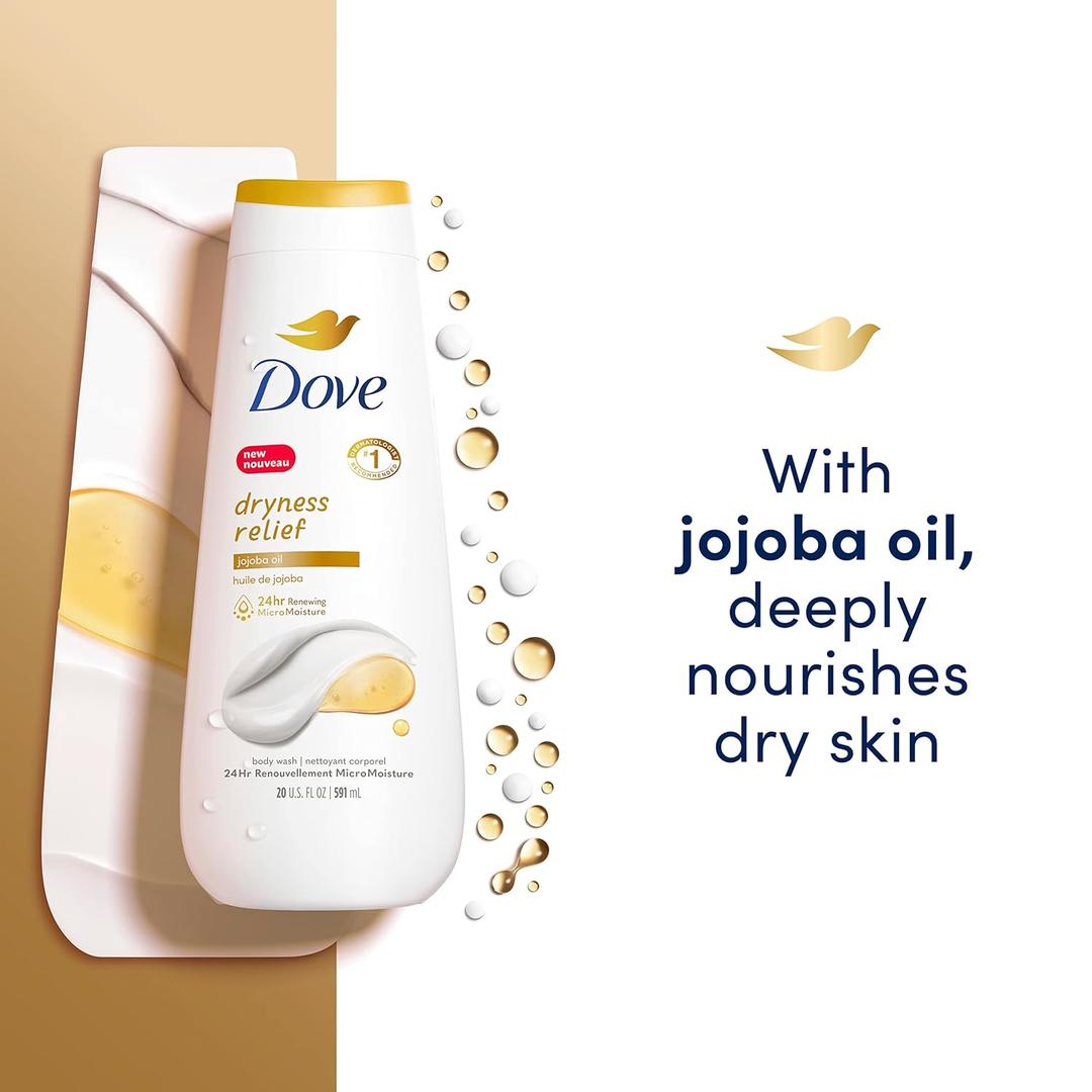 3 Pack Dove Body Wash Dryness Relief Jojoba Oil for Healthy-Looking Skin Gentle Skin Cleanser with 24hr Renewing Micro Moisture 20 oz
