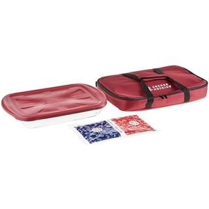 Anchor Hocking Glass Baking Dishes for Oven with Casserole Carrier, 4 Piece Set (3 Quart Glass Baking Dish, Red Lid, Red Thermal Carrier, and Hot/Cold Pack)