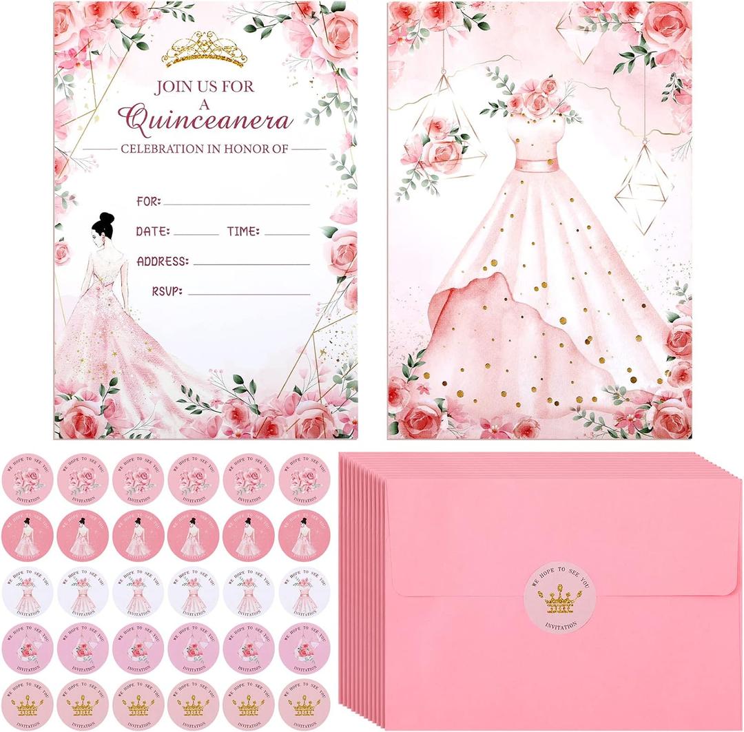 Woanger 24 Sets Pink Quinceanera Invitations Card with Envelopes Invitaciones Para 15 Aos Personalizados Stickers Crown Princess Rose Card for Sweet 15th Birthday Princess Party Invite