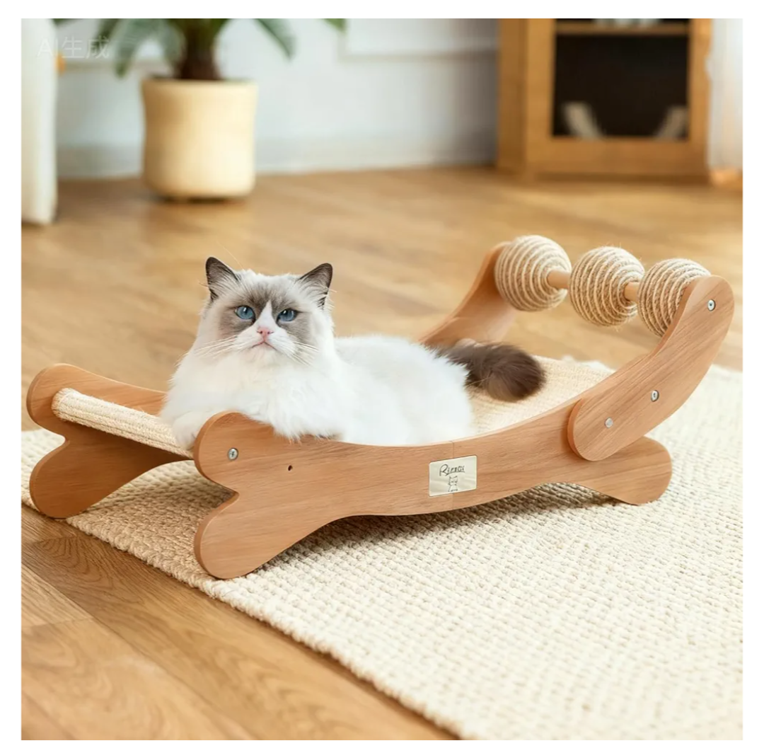 RizzQi Sisal Cat Scratcher Bed with 3 Toy Balls for Indoor Cats, Durable Wooden 3in1 Hammock Lounge & Scratch Pad  Modern Furniture for Large Cats, Scratching Post Lounger