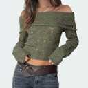 Womens Off The Shoulder Hollow Out Sweaters Sexy Slim Fitted Cropped Long Sleeve Knit Tops (Petite) (XL)