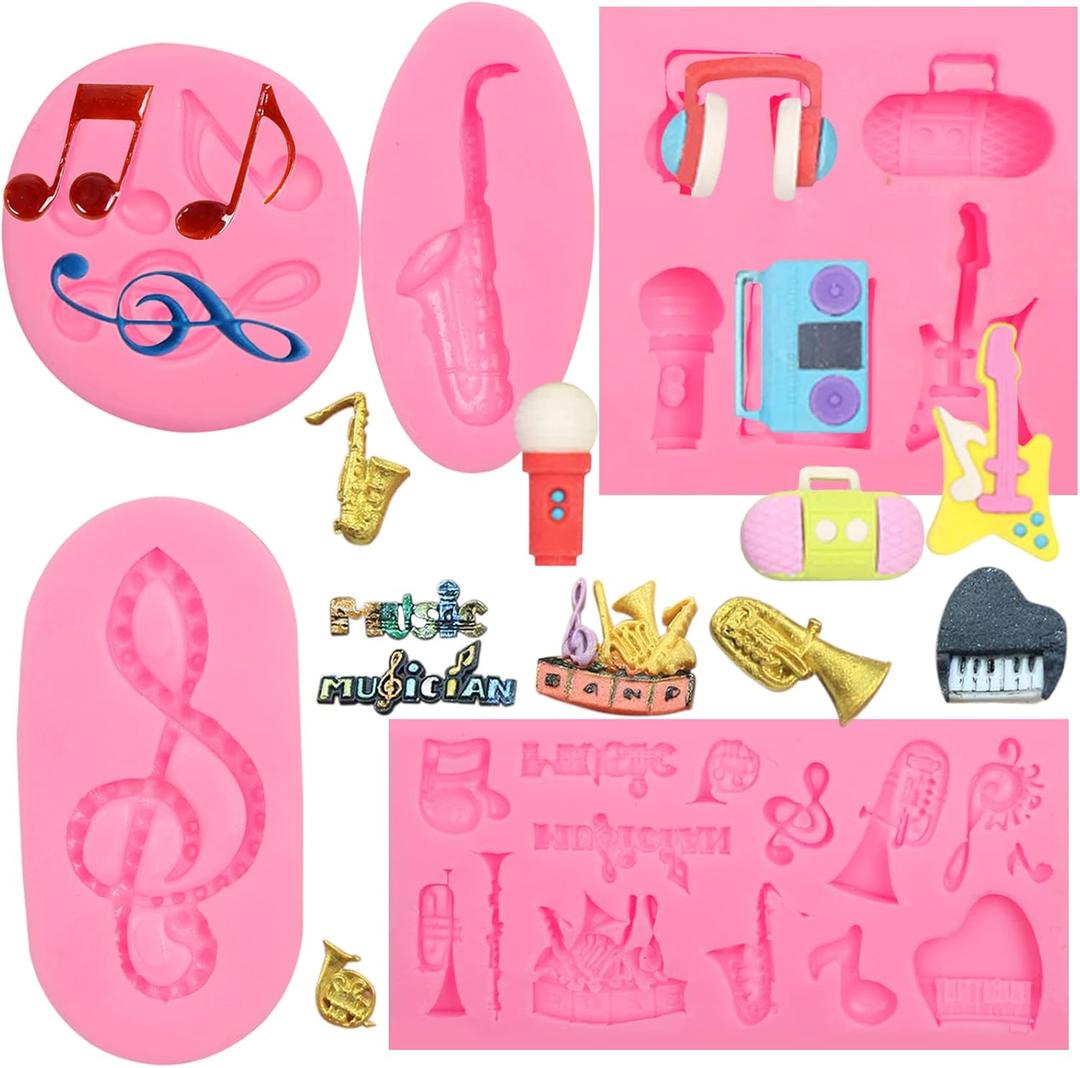 Music Note Fondant Mold 4 Pcs, Musical Instruments Chocolate Silicone Mold Piano Saxophone Boombox Microphone Radio Guitar Mold for Cake Decoration Candy Sugar Cupcake Topper Polymer Clay Crafts
