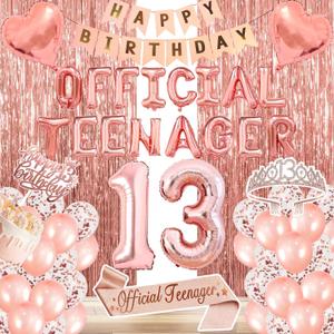 13th Birthday Decorations for Girls, Official Teenager Party Supplies Rose Gold Foil Balloons, Tiara Tassel Curtains Sash Balloons Numbers Banner Cake Topper for 13 Birthday Girl Decorations