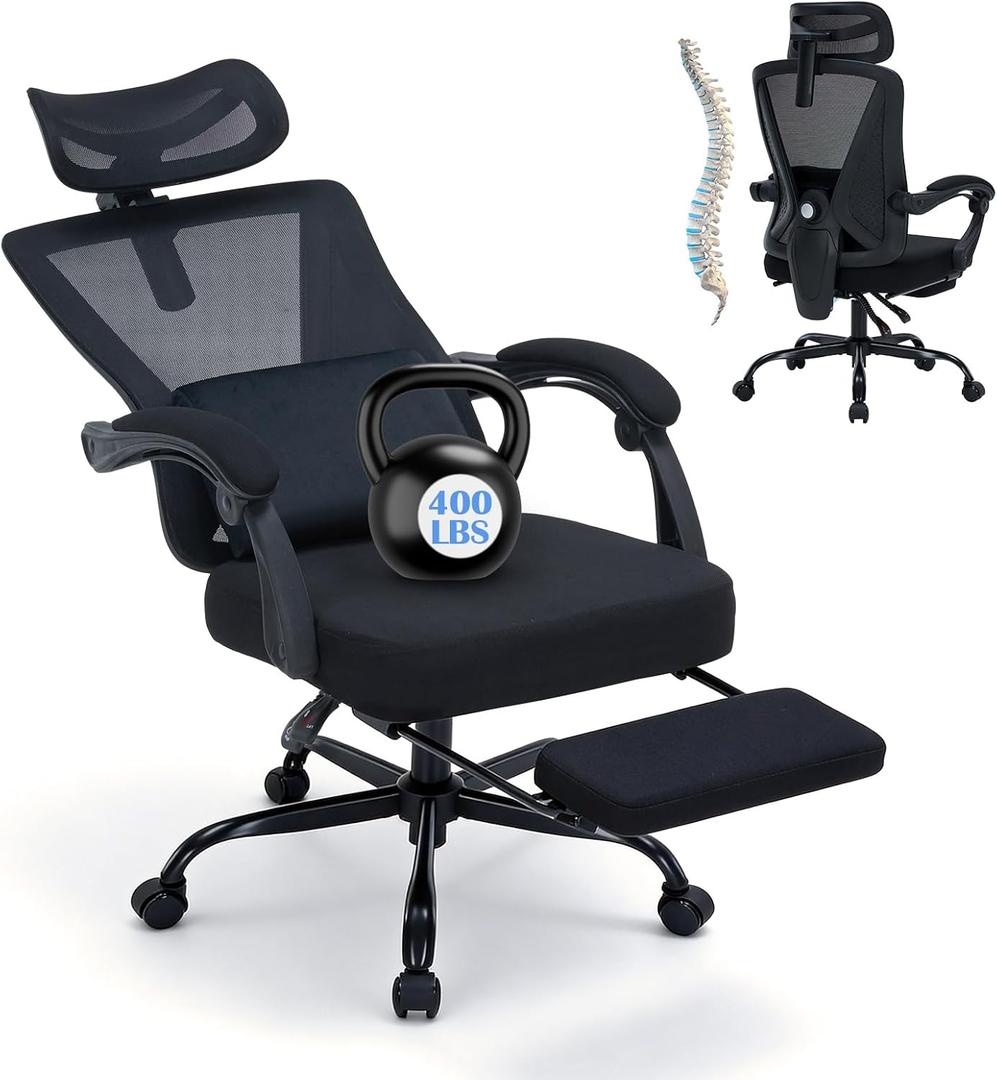 Ergonomic Office Chair with Footrest - Adjustable Lumbar Support & 3D Headrest, 90-160° Reclining Mesh High-Back Rolling Work Swivel Computer Chair-400lbs Capacity