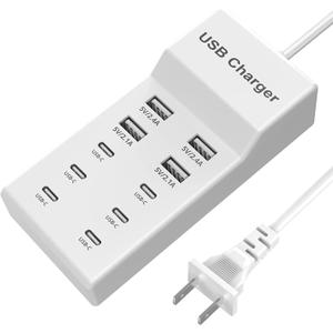 USB C Charger,10 Ports USB Charger Station with 6 Ports USB-C Charging Hub, Desktop 50W Multi Port Charging Compatible with iPhone 12/13/14/15/16/Samsung S22/S23/S24/Tablet/Watch/Headphones (10 port 6 USB C-white)