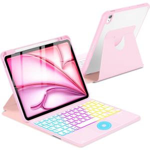 Touchpad Keyboard Case for iPad Air 11 inch M3 2025/M2 2024 7th/6th Generation, 360 Rotation Cover with Wireless Backlit Detachable Keypad for Air 10.9" 5th 4th 4 5 6 7 Gen, Pink