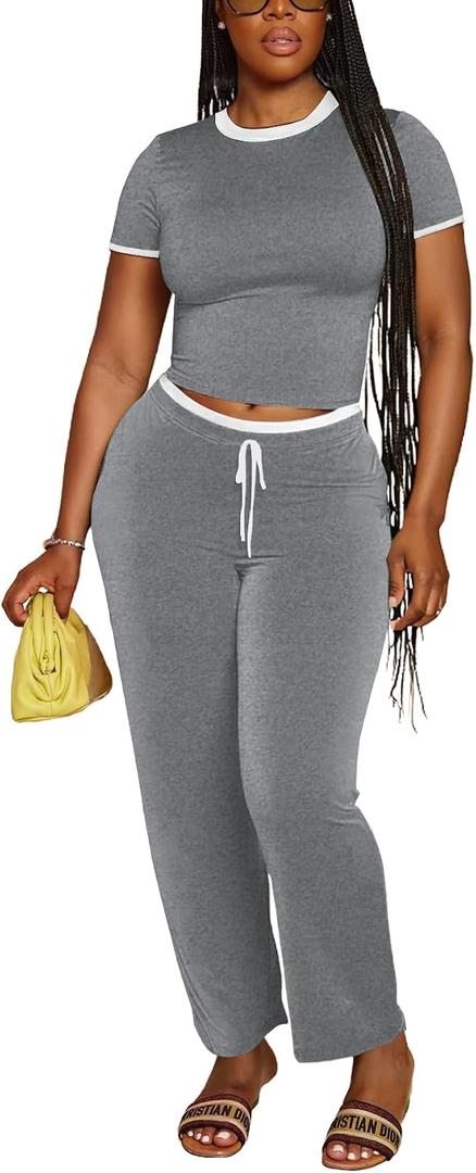 PINSV Women's 2 Piece Outfits Short Sleeve Tops and Long Pants Tracksuit Lounge Sets (Gray, XL)