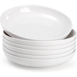 Fasmov Melamine Pasta Bowls, 6 Pack 9 inches 30 Oz Large Salad Serving Bowls, Shallow Salad Bowls, Plastic Dinner Deep Plates, Dishwasher Safe, White