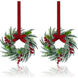 2Pcs Christmas Wreath, 10 Inch Mini Wreaths for Kitchen Cabinets, Christmas Door Wreath, Small Christmas Wreath for Fireplace Window Farmhouse Indoor Home Decorations