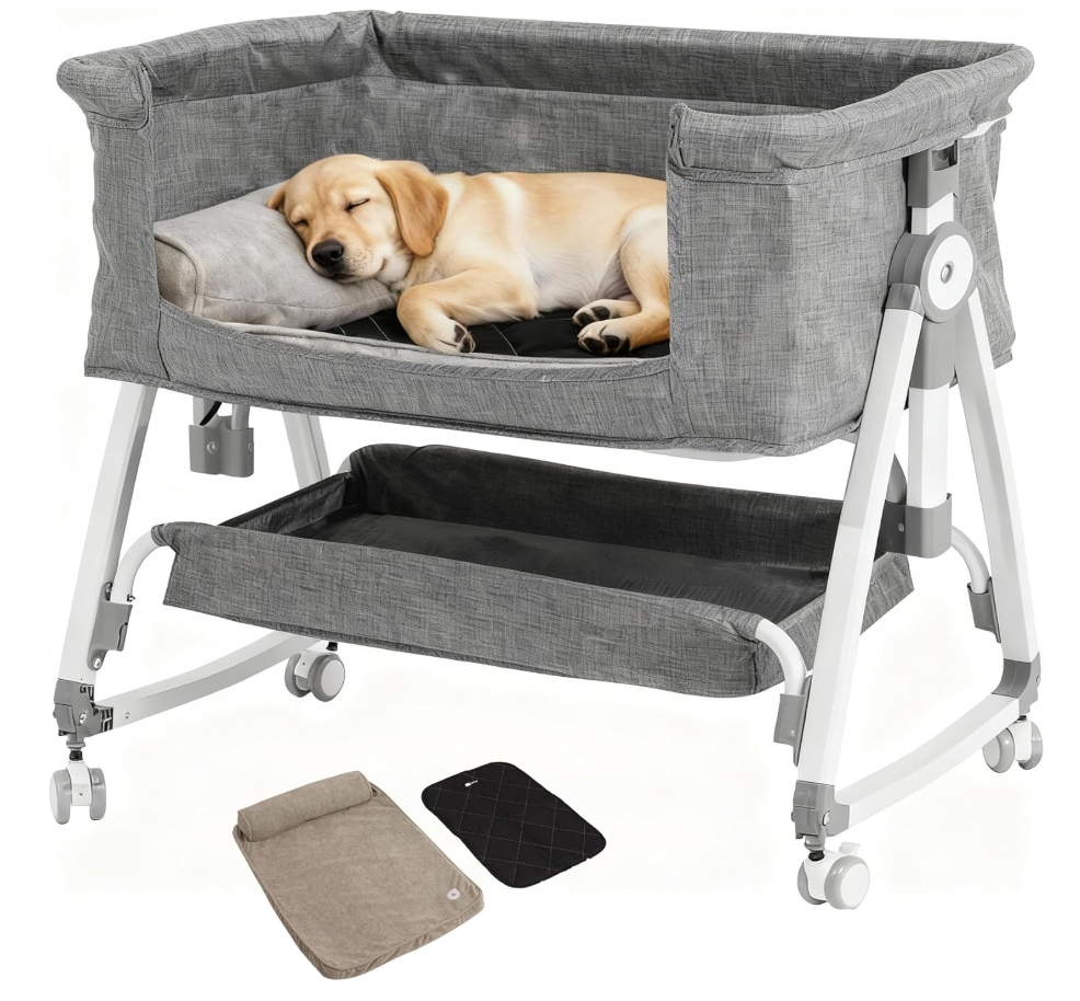 Bedside Dog Bed Co Sleeper- 6-Level Adjustable Elevated Dog Bassinet for Small Medium Dogs & Cats, Pet Bed Attachment to Human Bed, Lockable Wheels, 2 Removable & Washable Cushions