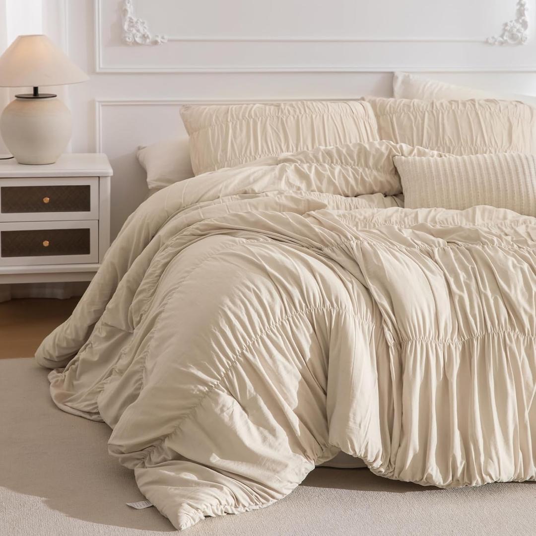 Masaca Oversized King Comforter 128"x120",Ruched Wheat Extra Large King Comforter Set,3 Pieces Lightweight Fluffy Ruffle Comforter Set Shabby Boho Chic Bedding Ultra Soft (Oversized King Plus 128X120, Wheat)