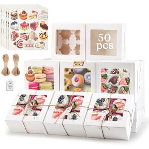 OAMCEG 50 Pack Cupcake Boxes with Window 6x6x3 Inches Cookie Boxes, Bakery Treat Boxes for Pastry, Desserts, Chocolate Strawberries, Cupcake Containers, Gift Giving with Stickers & Twine White