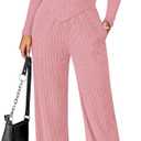 PRETTYGARDEN Fall Two Piece Sets For Women 2025 Off Shoulder Tops Long Pants Knit Matching Lounge Set Airport Travel Outfits (Medium, Pink)