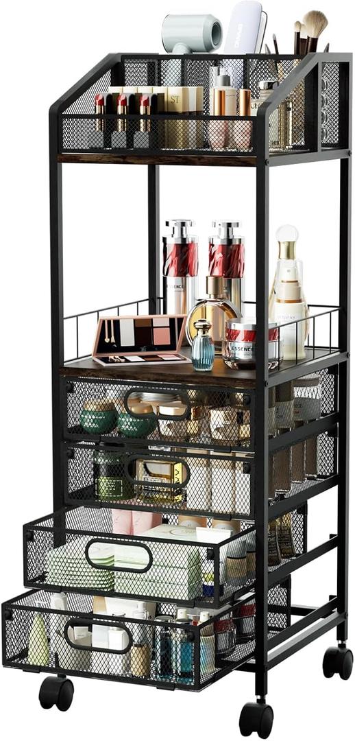 HapiRm Makeup Organizer Storage Cart - Floor Skincare Make Up Storage with 4 Drawers, Rolling Makeup Cart Vanity Organizer Cosmetics Display Cases Holder for Skin Care Perfume Nail Polish (Espresso)