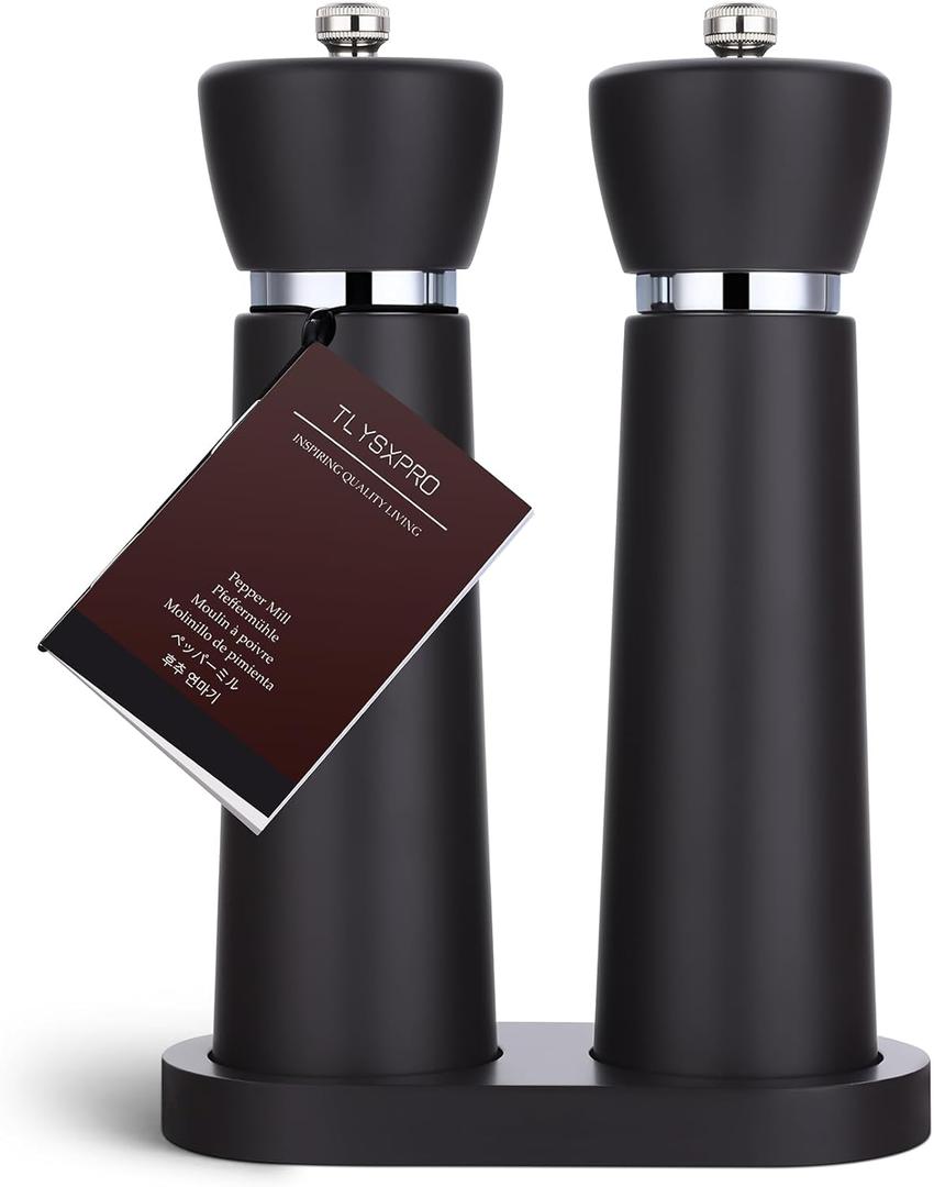 Wooden Salt and Pepper Grinder Set  Refillable Salt and Pepper Mill with Adjustable Upgraded Large Size Ceramic Burr  Manual Pepper Grinder with Beech Wood Body  8.3 Tall (Chocolate Wood)