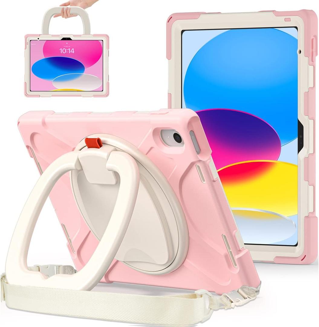 for iPad (A16) 11th/10th Generation Case 2025/2022 (11/10.9),Heavy Sturdy Shockproof Kids Case with Screen Protector,Rotating Stand/Pencil Holder/Shoulder Strap (Sakura Pink)