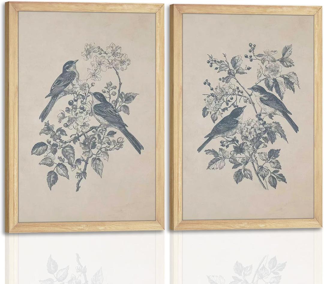 Set of 2 Bird Canvas Wall Art Posters 16x24 Inch  Nature Inspired Botanical Prints with Light Wood Frame  Birds and Flowers Conversation Artwork for Living Room, Bedroom, Farmhouse Wall Decor