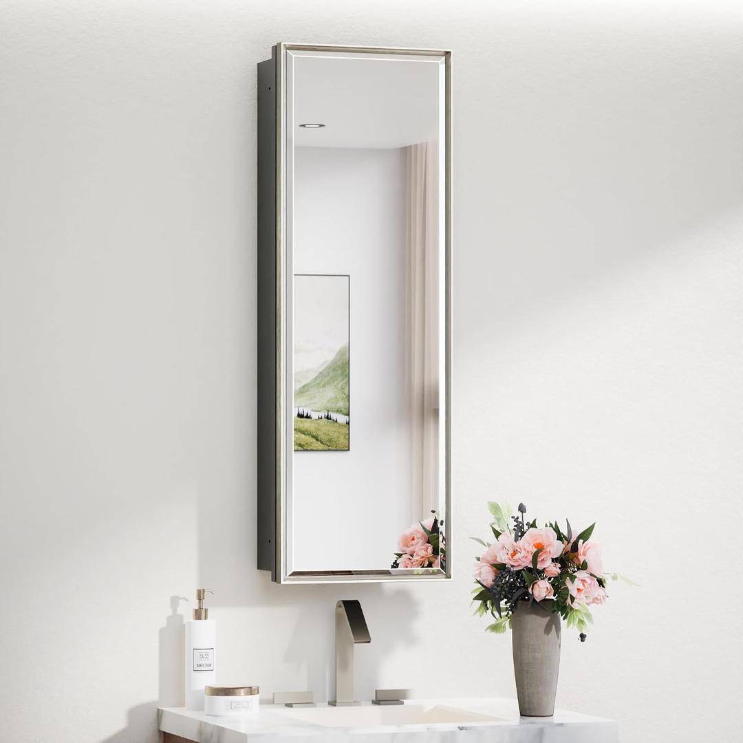 TokeShimi 12x36 Recessed Medicine Cabinet with Mirror Surface Mount, Bathroom Beveled Mirror with Storage Adjustable, Aluminum Framed Metal Brushed Nickel Medicine Cabinet Mirrored
